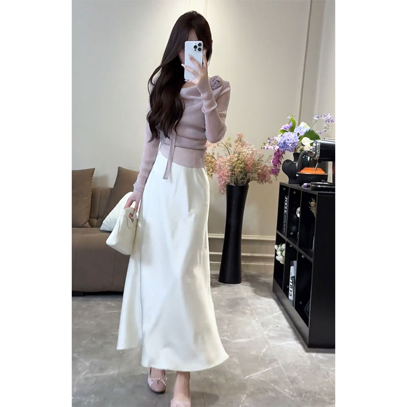 高级感时尚轻奢千金风穿搭立体花设计感长袖上衣缎面半身裙子套装