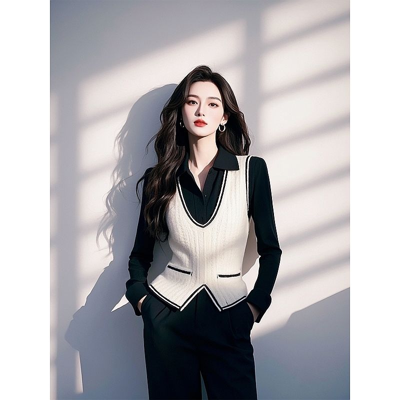 今年爆款假两件白色针织衫拼接衬衫女款2025早春新款内搭打底上衣