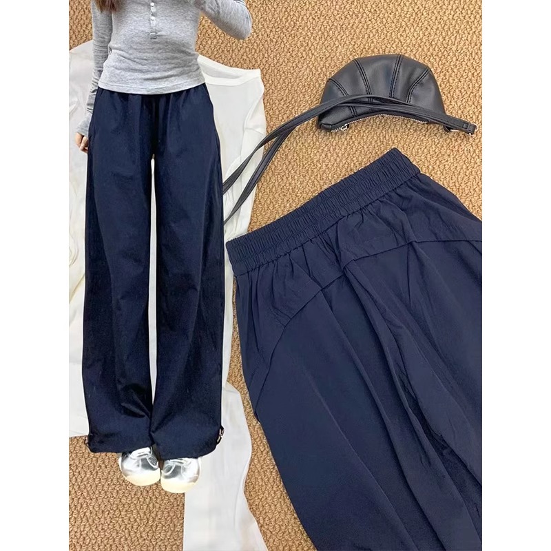 2025新款藏青色美式工装裤女夏速干小个子宽松直筒高腰显瘦阔腿裤