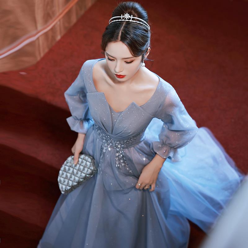艺考晚礼服女气质轻奢小众高端法式高级感蓝色长袖晚会年会主持人