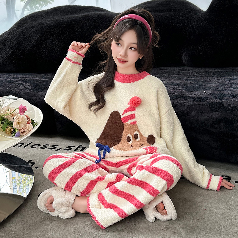 儿童半边绒睡衣2025新款女孩秋冬保暖家居服女童加厚套装6-12岁潮