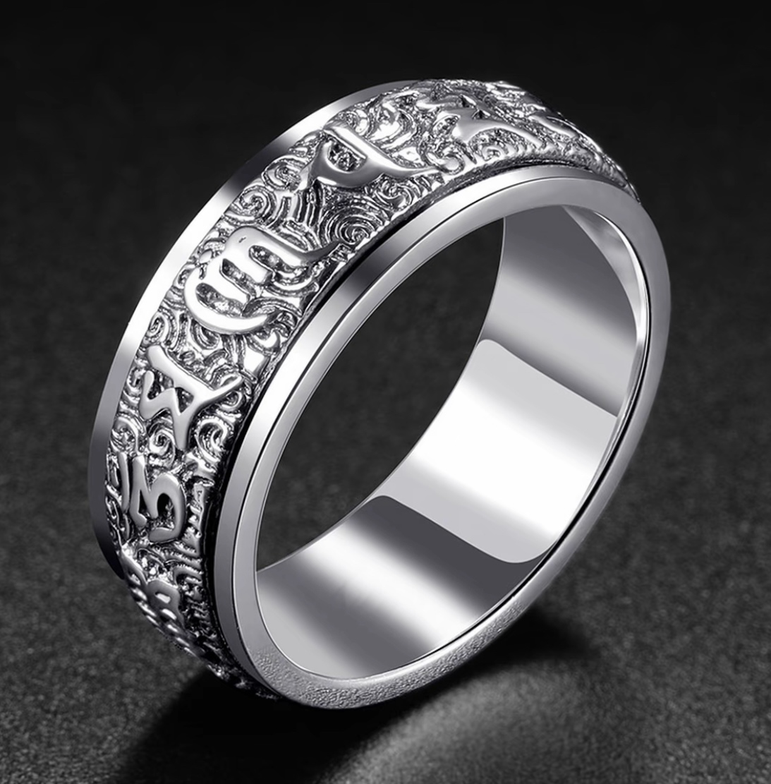 六字真言银色戒指高端个性时尚指环