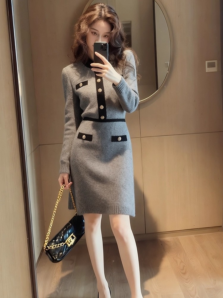 法式高级感小香风灰色拼接针织连衣裙2025新款巨好看早秋气质裙子
