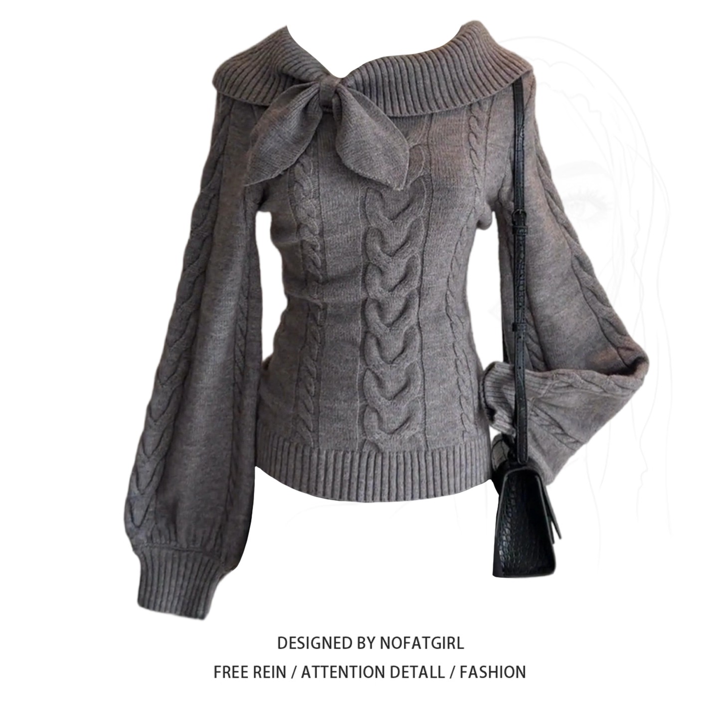 大码胖MM甜美少女风蝴蝶结领针织衫女灰色灯笼袖收腰显瘦百搭毛衣