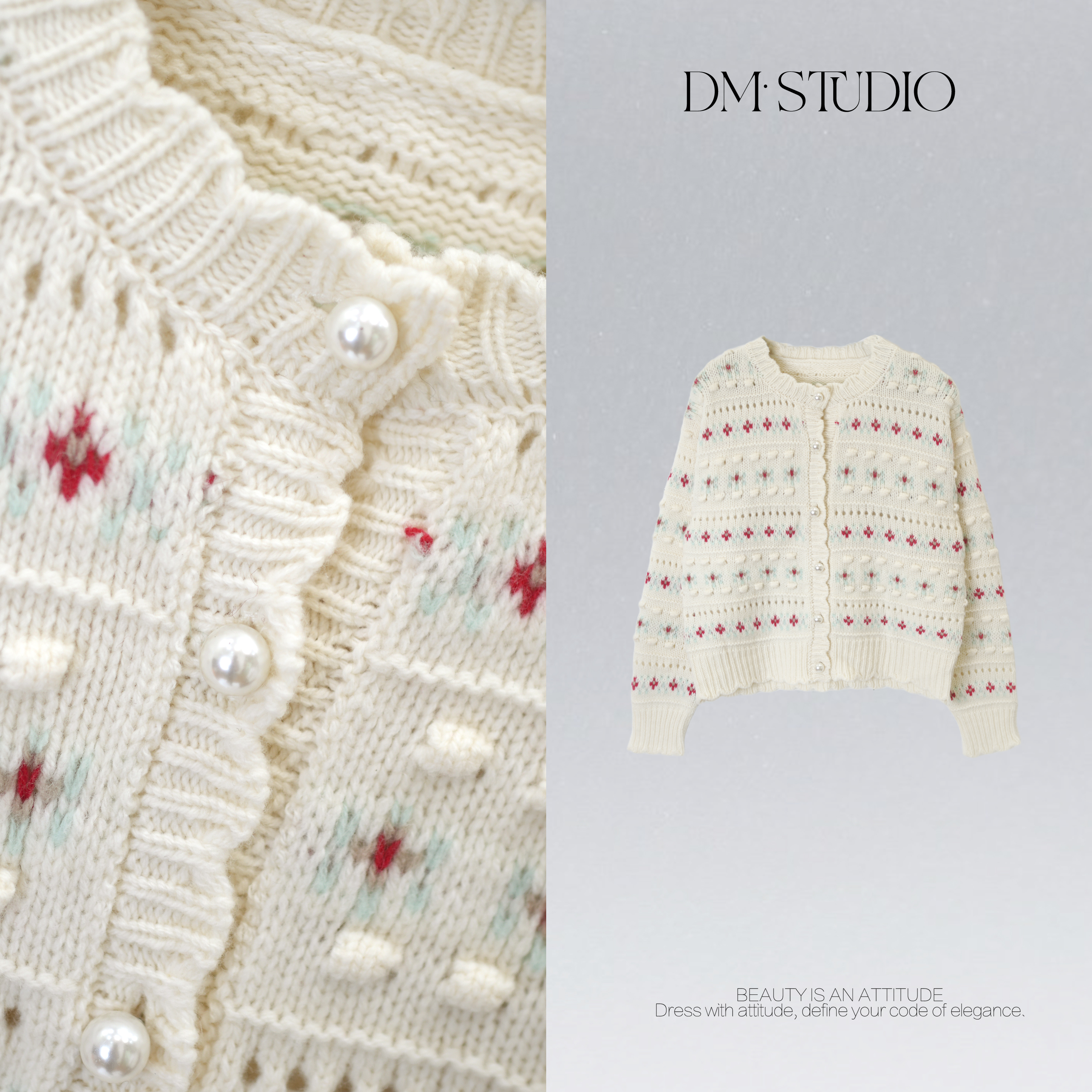 DEDM•STUDIO/秋冬慵懒感精致钩花珍珠100%羊毛开衫2512ZZS/34567