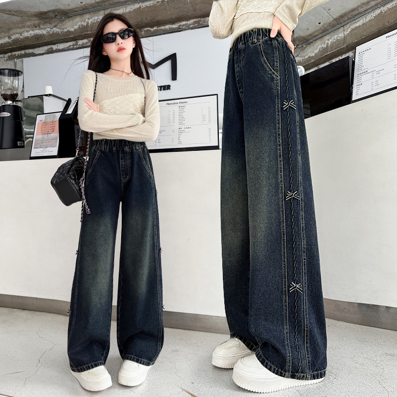 女童阔腿牛仔裤秋冬季2025新款12岁到15大童加绒裤子儿童直筒长裤