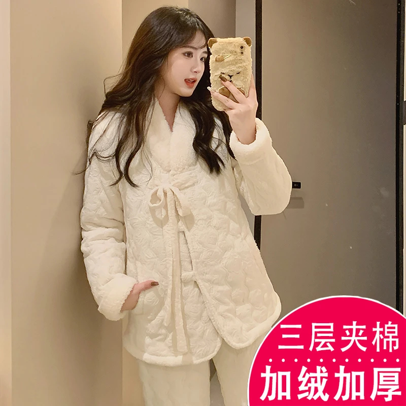 睡衣女冬季三层夹棉袄加绒加厚新中式珊瑚绒保暖可外穿家居服套装