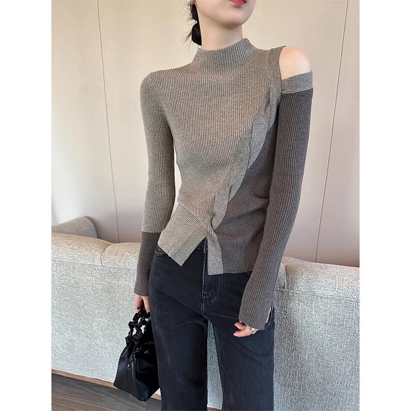 气质不规则外穿设计感半高领毛衣女秋冬洋气针织衫露肩打底衫上衣