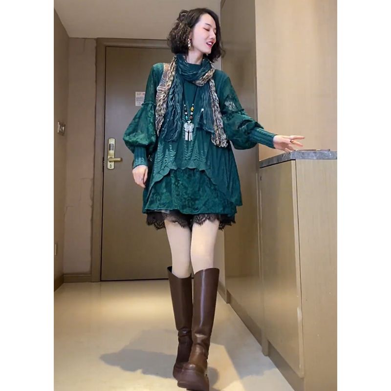 欧洲站2025秋冬新款气质宽松拼接蕾丝中长款毛衣百搭减龄针织衫潮