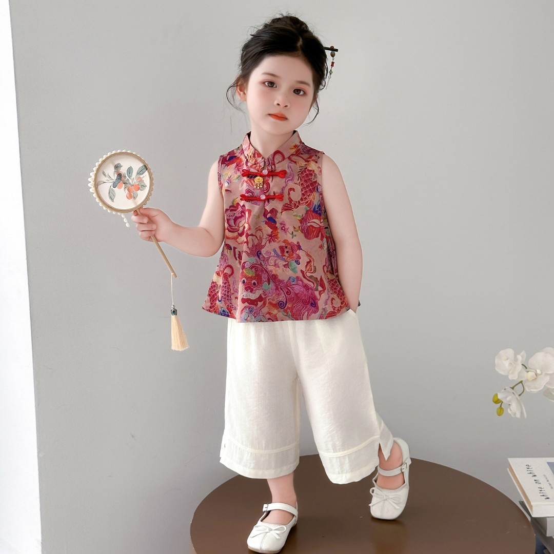 汉服女童套装夏季2025新款儿童新中式背心阔腿裤宝宝国风两件套潮