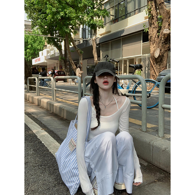 韩系ins穿搭高级感防晒罩衫长袖t恤上衣吊带背心条纹宽松阔腿裤