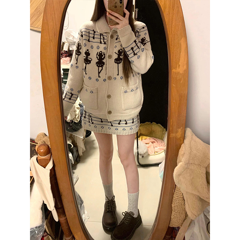 慵懒风复古印花POLO领长袖针织开衫女冬季高腰休闲半身裙套装1211