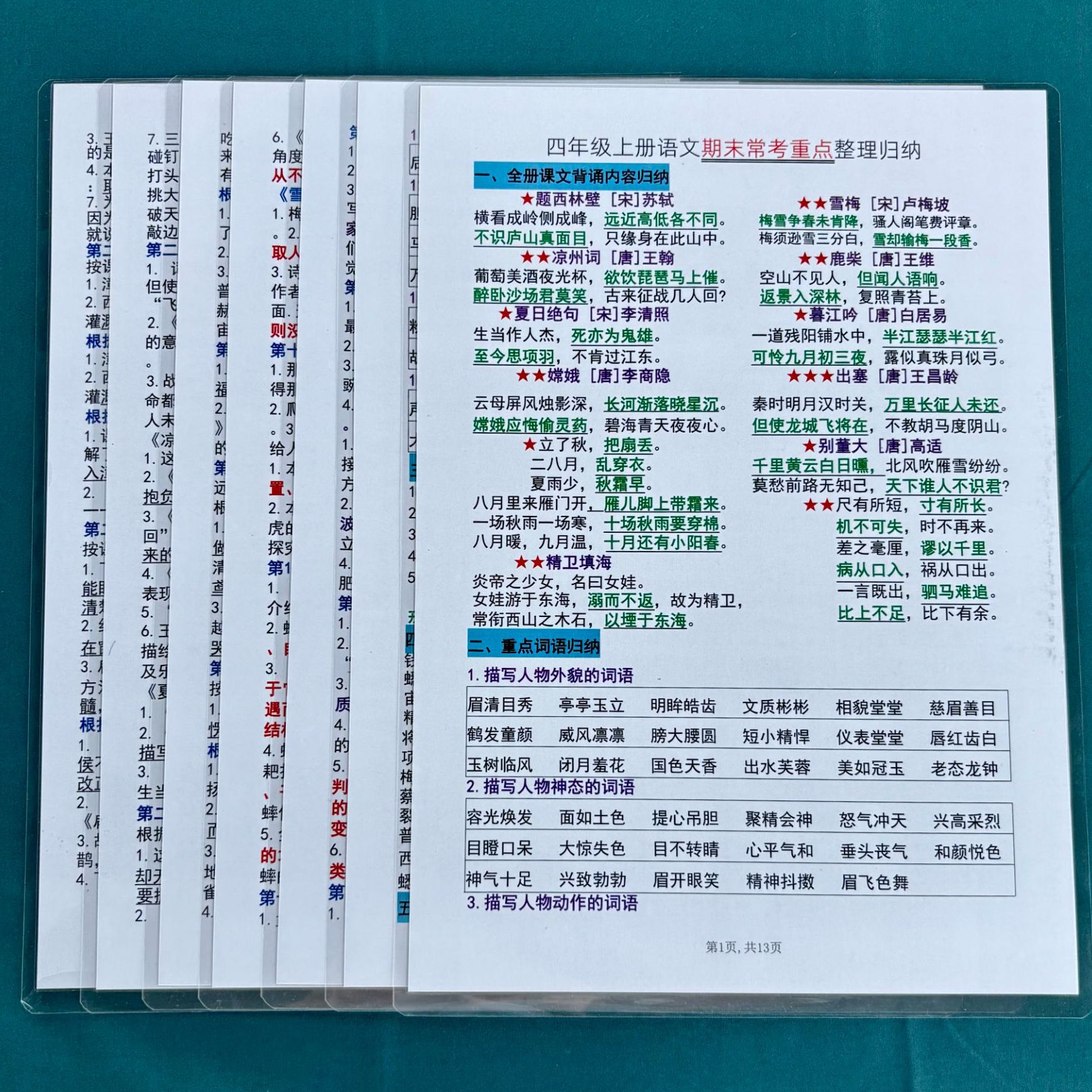 小学语文四年级上册知识点汇总期末常考重点梳理归纳提分学习卡片