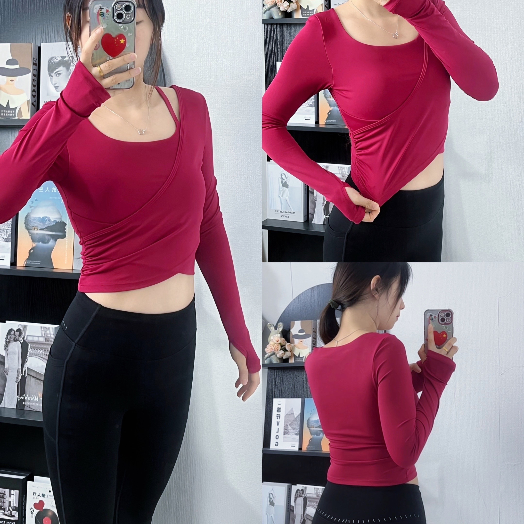 高级感假两件显瘦上衣带胸垫专业训练普拉提训练健身衣长袖女
