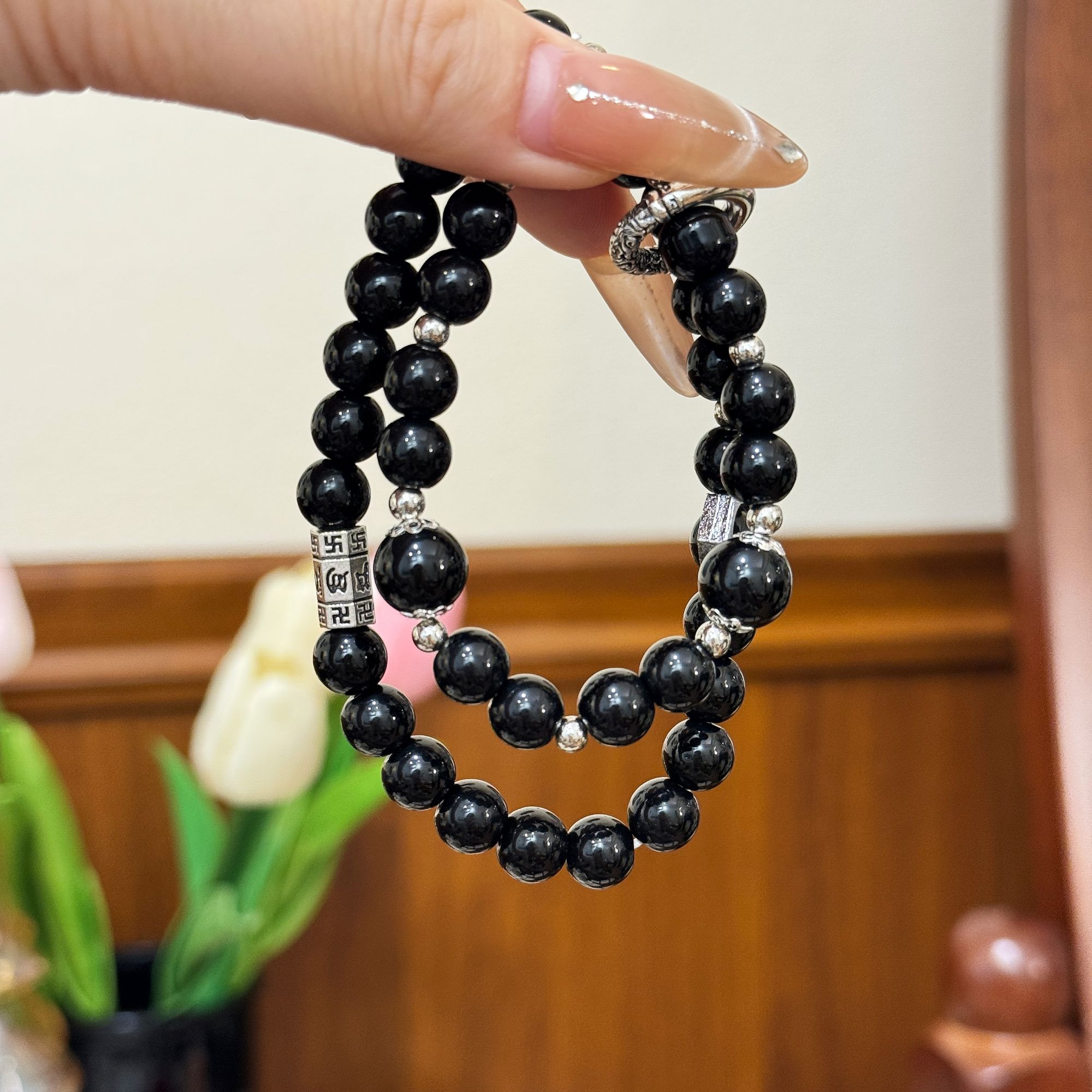 Uioe 钛钢玻璃手链 墨屿冰川手串男女通用新中式双圈复古手饰