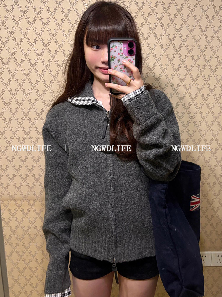 慵懒风灰色格纹拼接连帽开衫外套女秋冬季宽松百搭针织毛上衣