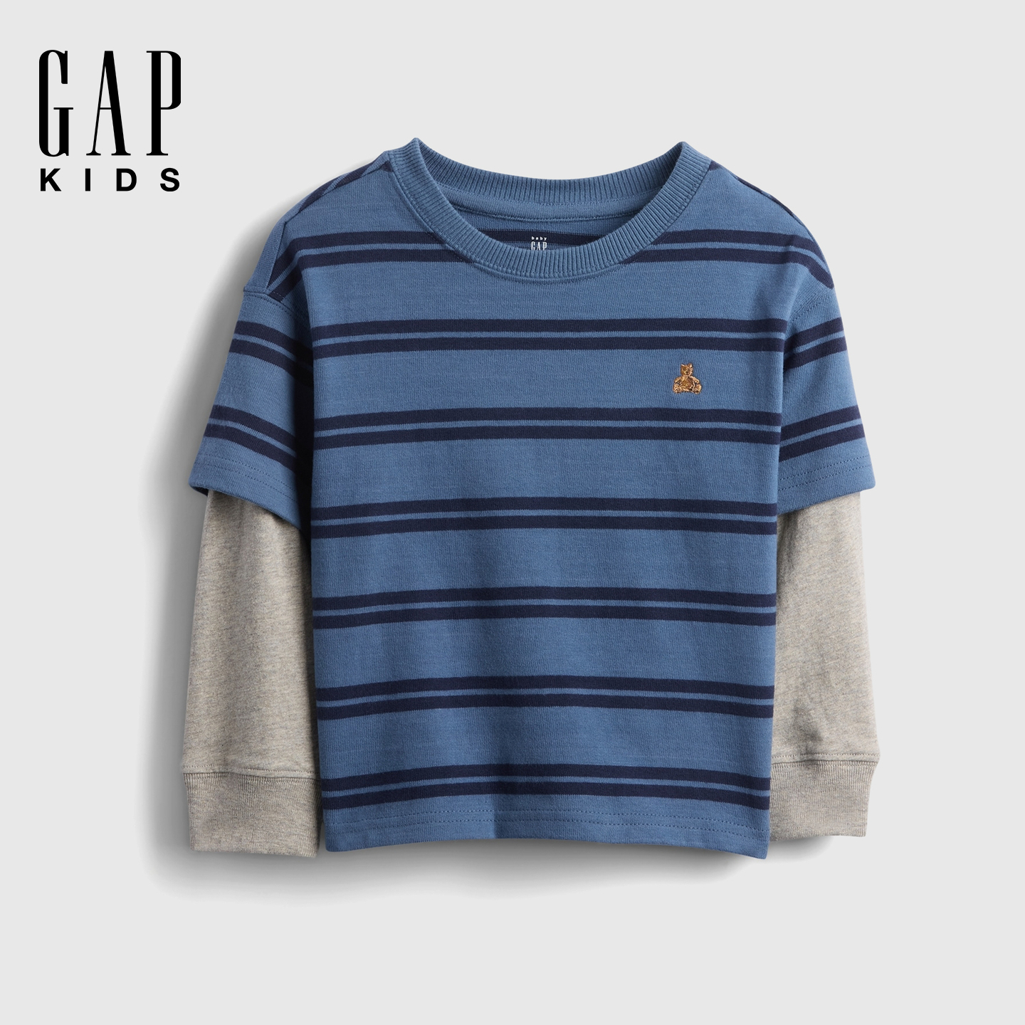 Gap男幼童2025秋季新款小熊刺绣纯棉假两件长袖T恤上衣美版814493