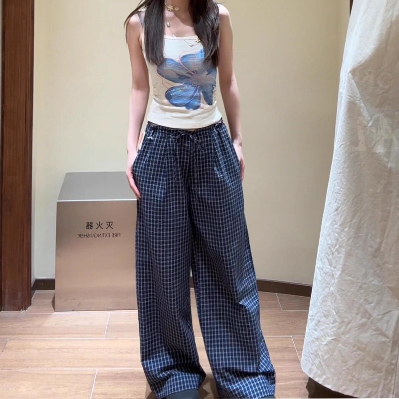 藏青色格子裤女夏季薄款小个子高腰垂感遛弯裤宽松显瘦休闲阔腿裤