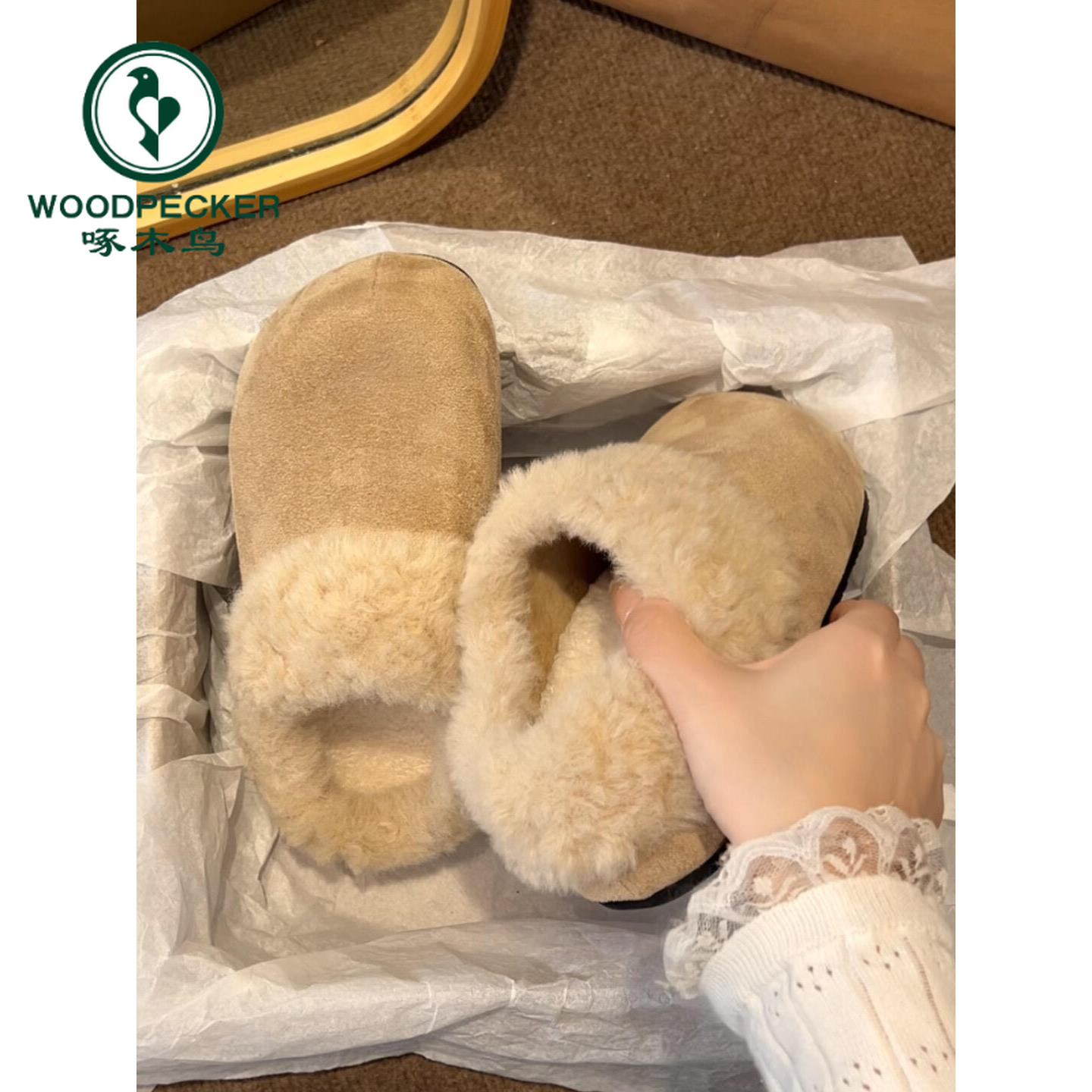 啄木鸟冬季加绒厚底一脚蹬毛毛鞋女外穿保暖棉拖新款包头勃肯鞋子