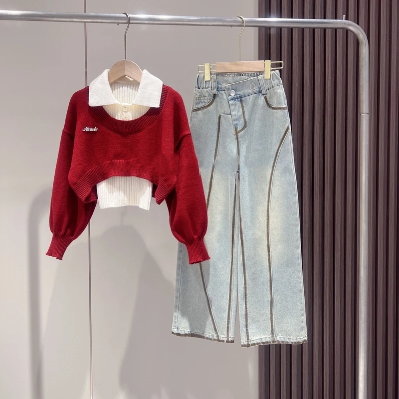 女童秋季新款两件套韩版时尚洋气真两件毛衣手工喷绘牛仔裤套装