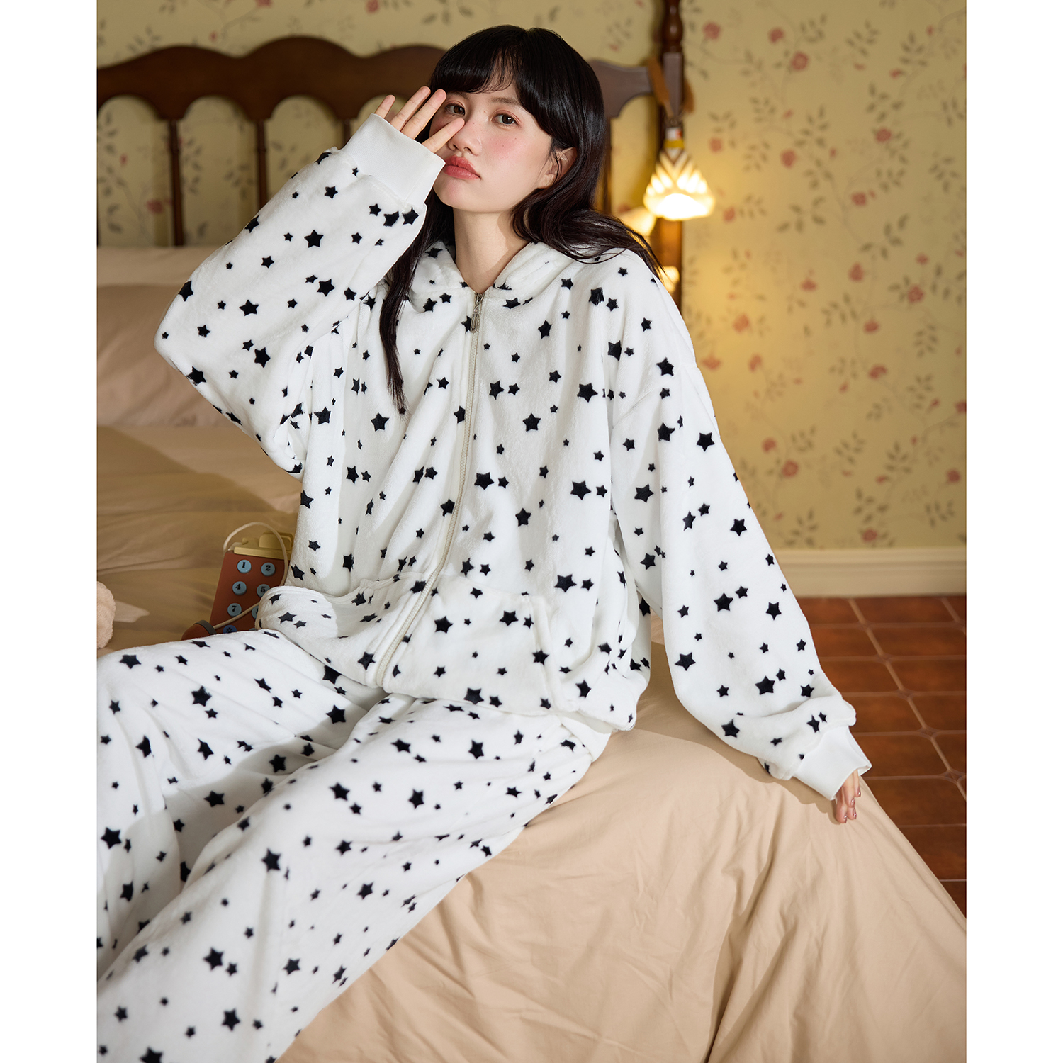 星星印花兔耳朵连帽睡衣加厚套装2025新款宽松可居家可外穿家居服