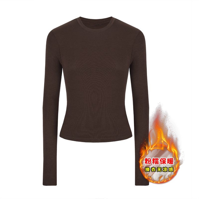 秋冬修身双面磨毛一体绒保暖打底衫加绒圆领上衣内身长袖t恤女T