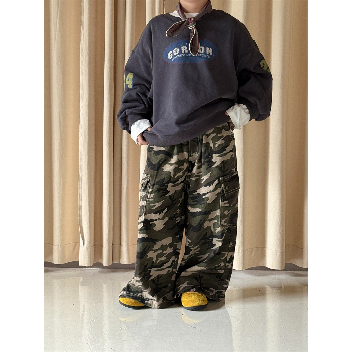 in 爱:nl25秋季男童潮牌砂洗迷彩裤儿童韩版帅气工装直筒裤91102