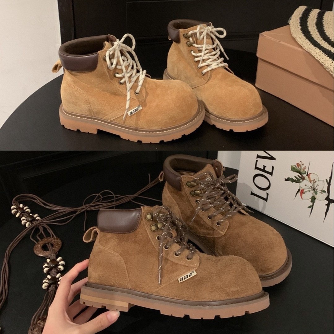 2025秋季新款欧洲站厚底牛皮反做马丁靴子复古短靴系带大黄靴女鞋