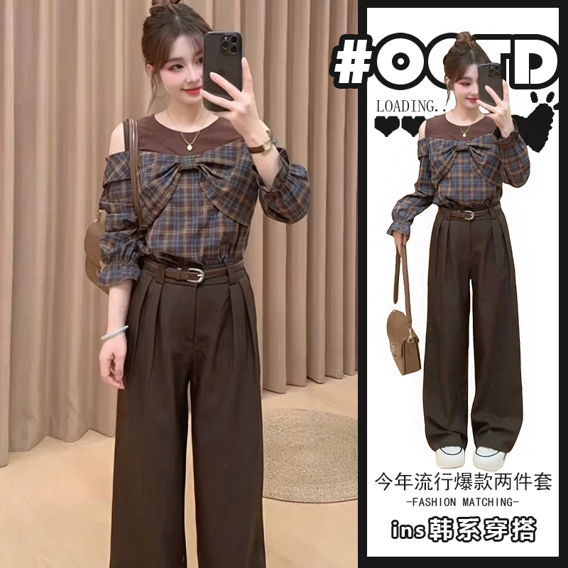 别致独特套装女春秋季蝴蝶结拼接设计感格纹上衣高腰休闲裤两件套