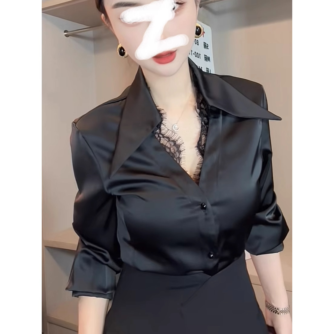 polo蕾丝拼接醋酸缎面衬衫女春秋高级设计感小众法式独特别致上衣