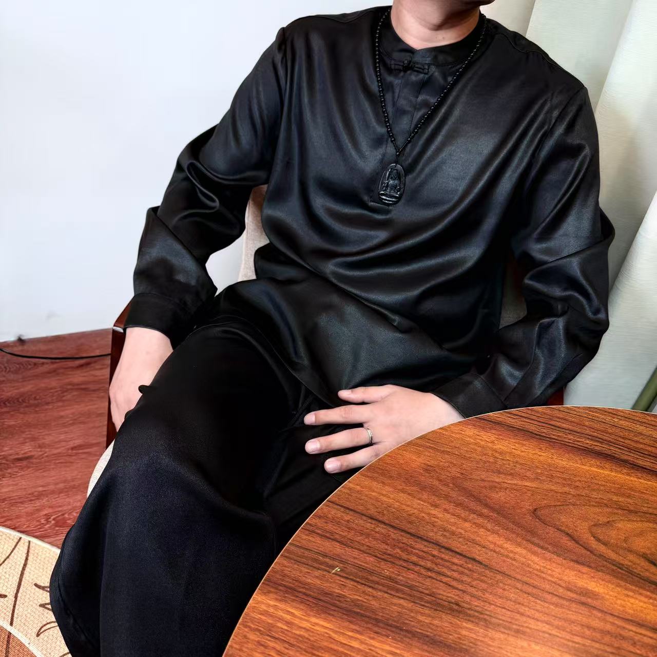 月下扬帆2600新中式香云纱100%桑蚕丝秋季新款一粒盘扣长袖男上衣