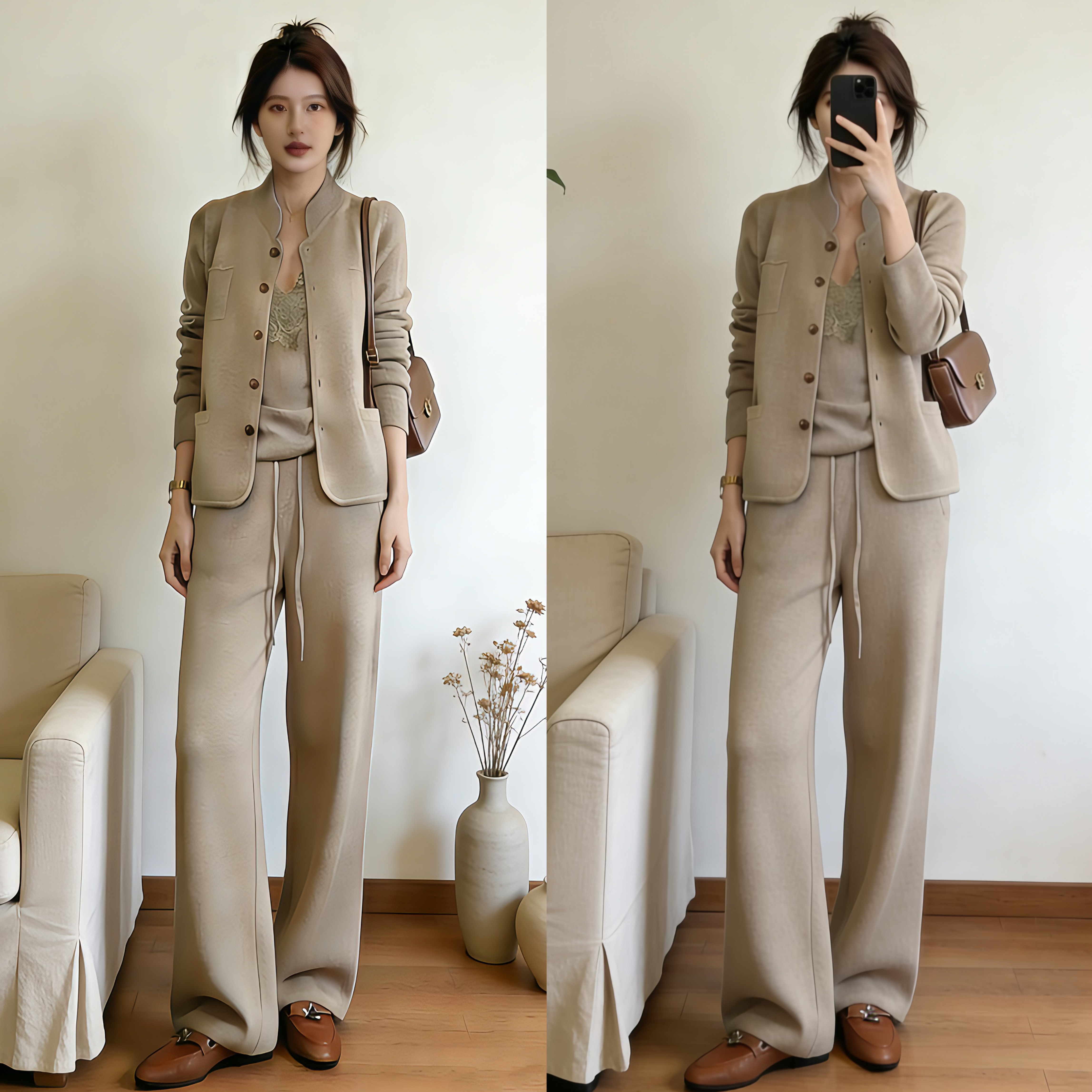 2025秋冬季新款时尚老钱风气质开衫外套拼接吊带背心休闲裤三件套