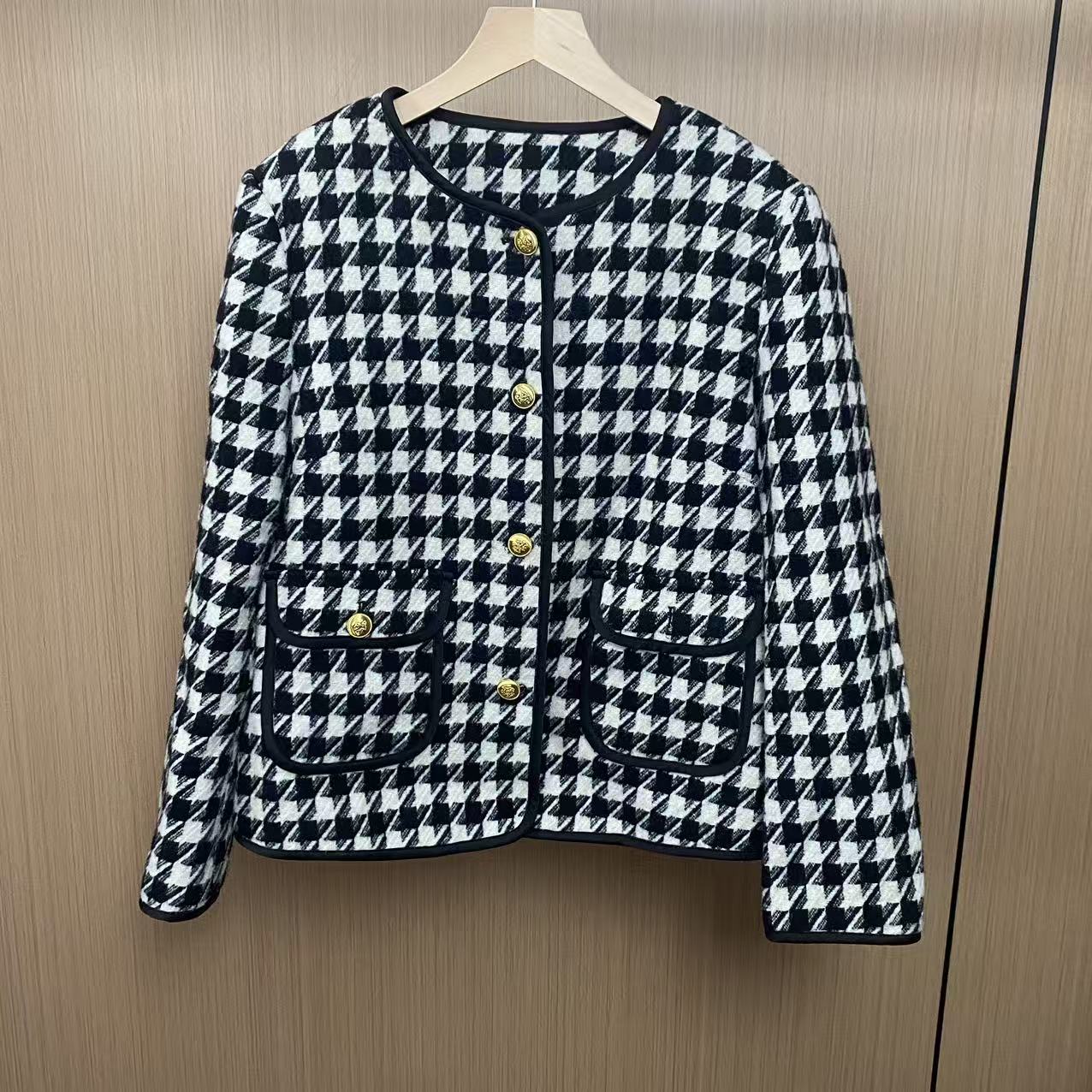 143长袖女短款短外套千鸟格铆钉夹克时尚女装黑白上衣