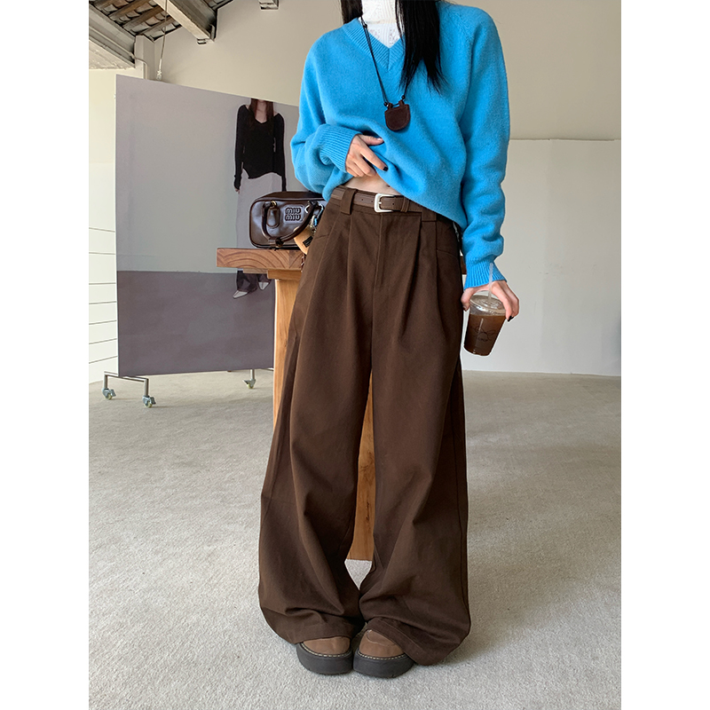 宋正恩咖色阔腿牛仔裤女秋冬韩系高腰宽松直筒长裤拖地裤ST717