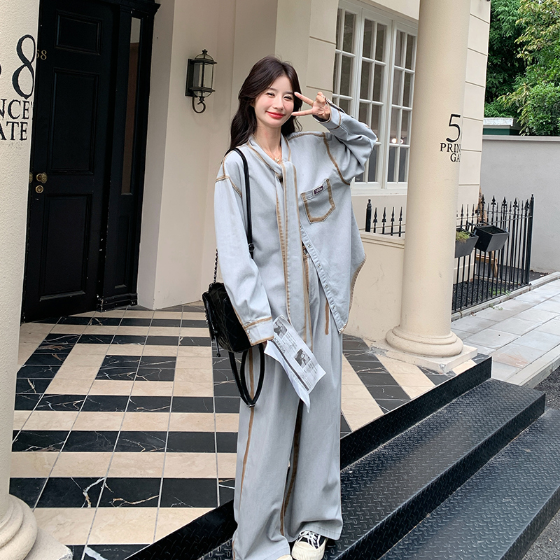 牛仔套装女早秋新款大方得体复古衬衫松弛感慵懒风阔腿裤两件套