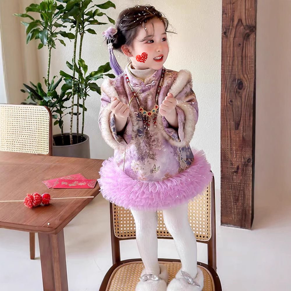 女童冬季加绒新中式牡丹花年服裙女宝宝加厚保暖花边旗袍连衣裙