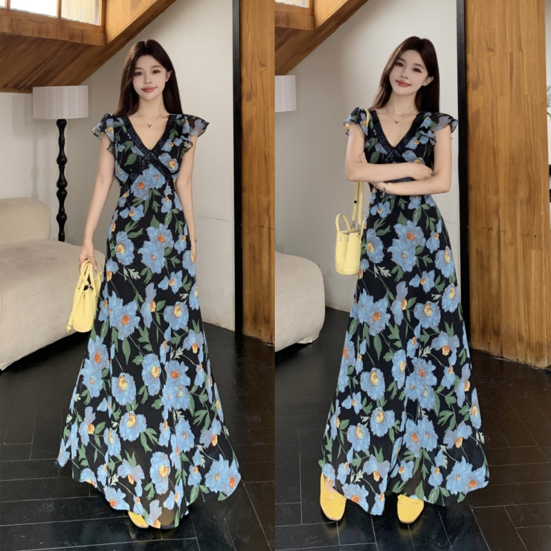 大码法式度假风碎花V领荷叶袖蕾丝拼接连衣裙复古百搭A字长裙