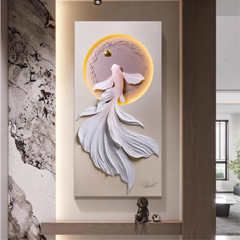 RELIFE/福雕家饰（锦鲤迎门）立体浮雕玄关客厅走廊过道带灯装饰画