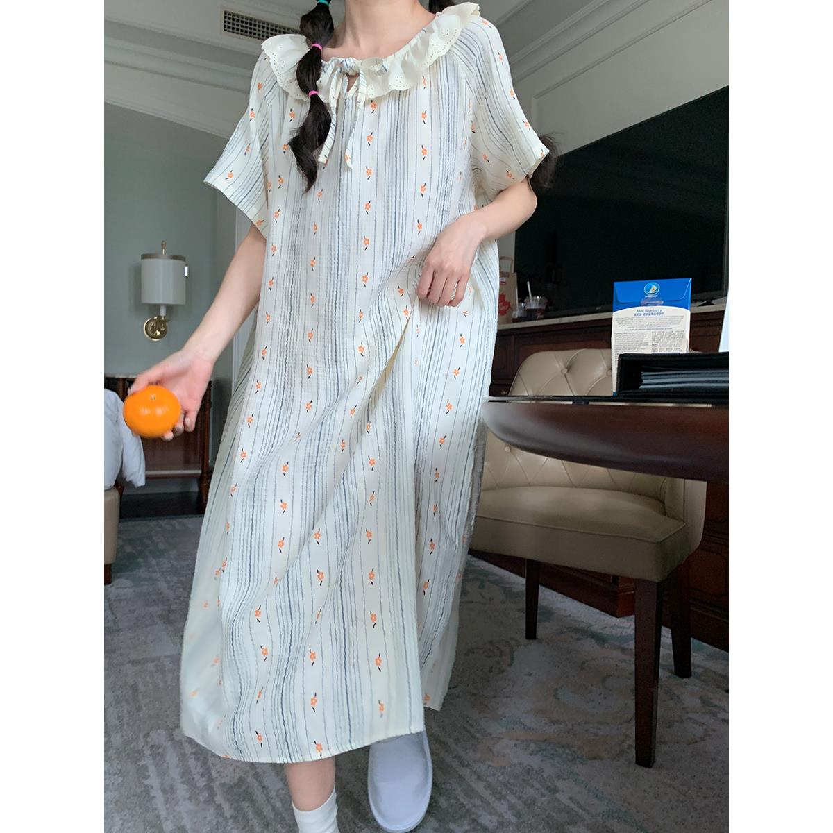 夏季中长款竖条纹肌理碎花睡裙女系带宽松蕾丝领亲肤睡衣