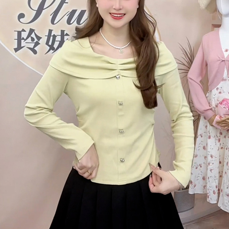 高含棉2025年春秋新款法式小清新t恤女设计感修身短款一字肩上衣