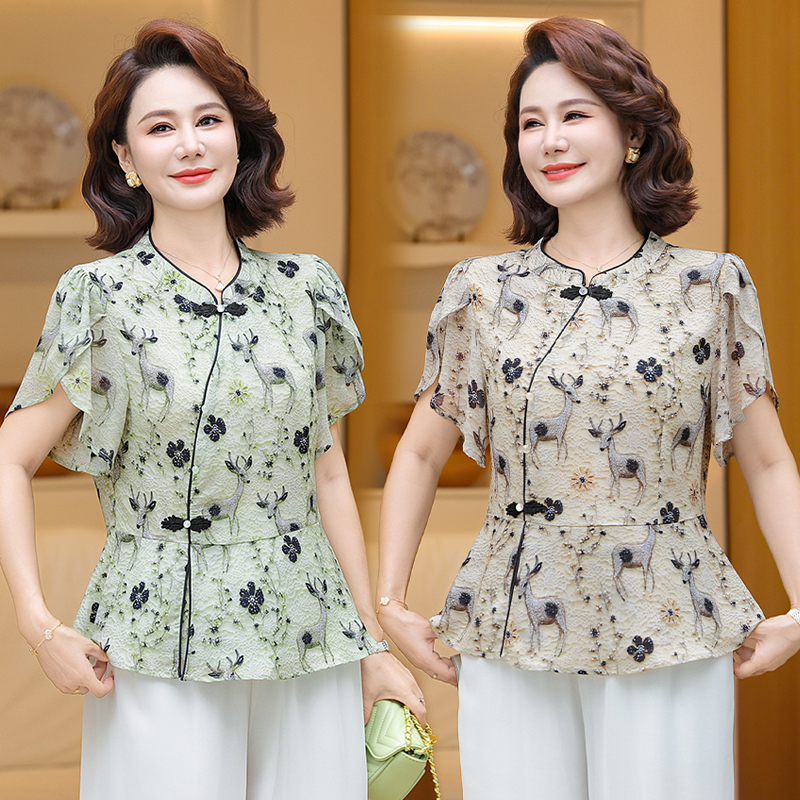 时尚中年妈妈夏装短袖新中式T恤上衣中老年女装夏季洋气国风小衫