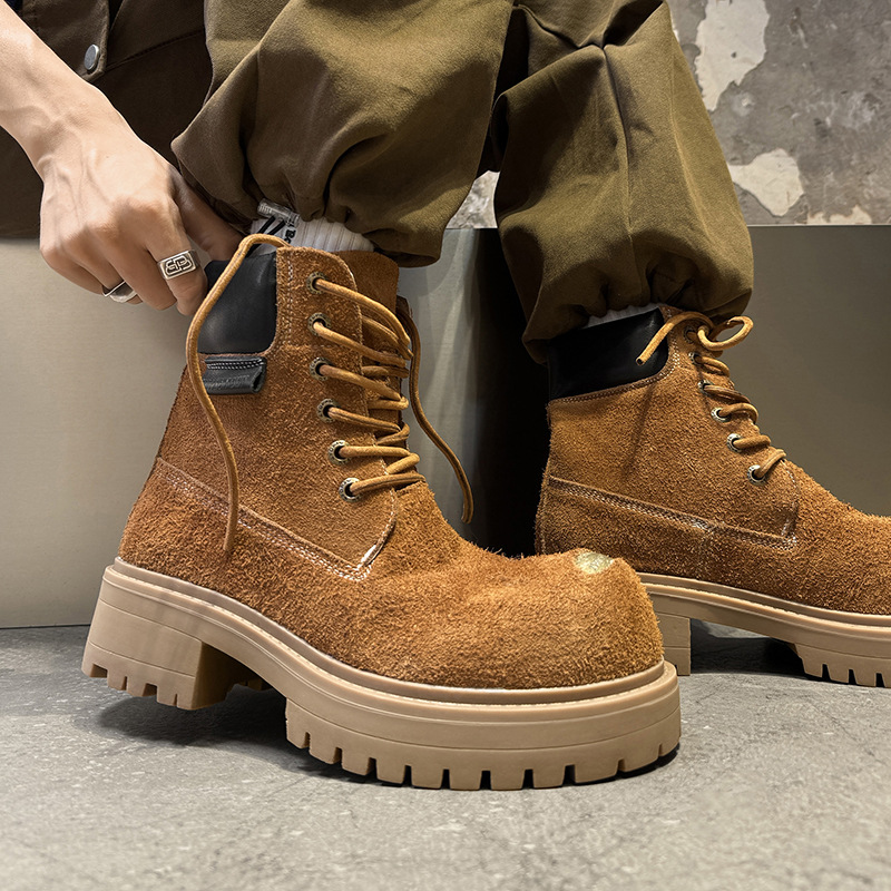 马丁靴男款2025新款中帮工装靴休闲舒适厚底增高沙漠靴黄色