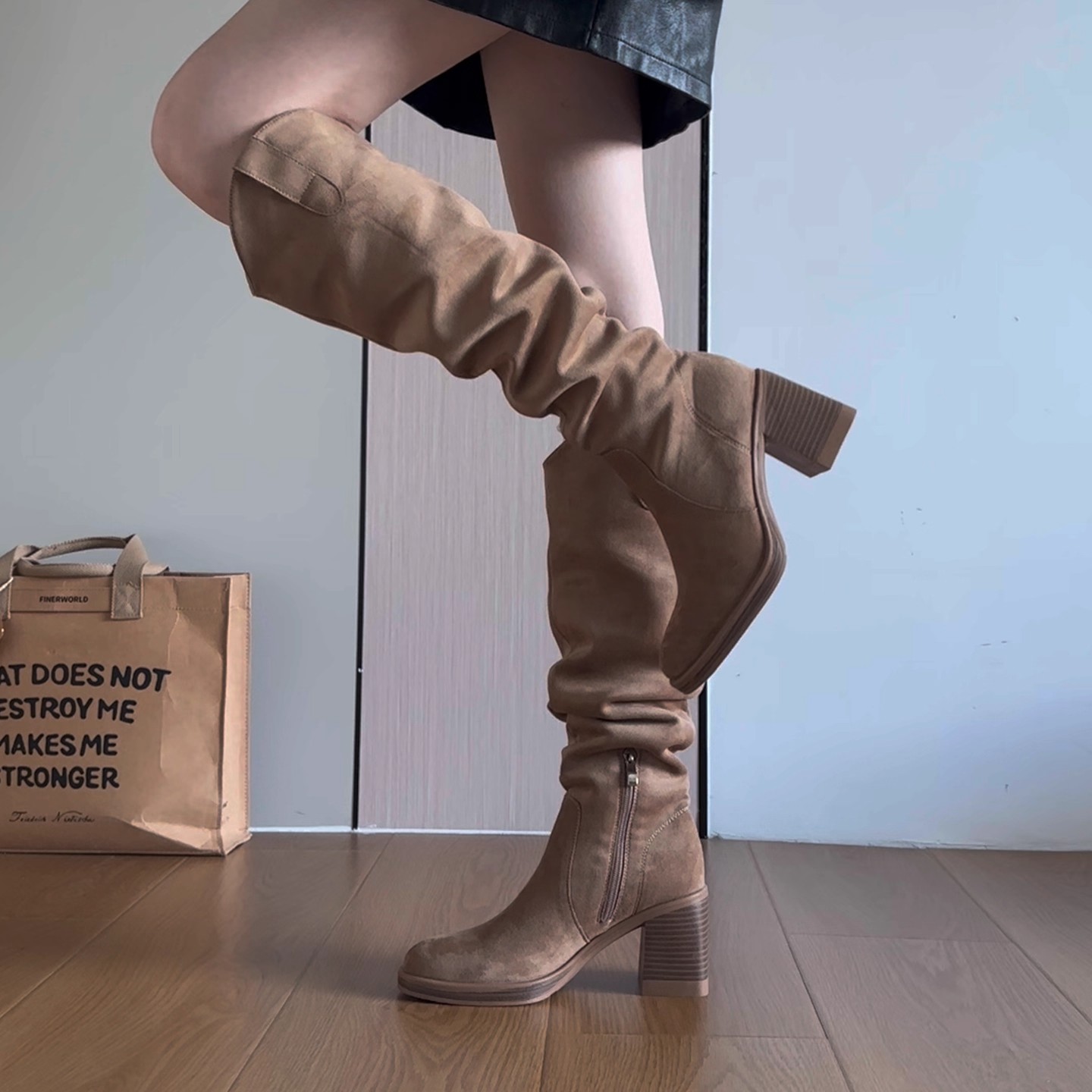 牛皮版~褶皱堆堆靴女百搭复古高跟长筒靴美拉德棕色靴子新款长靴