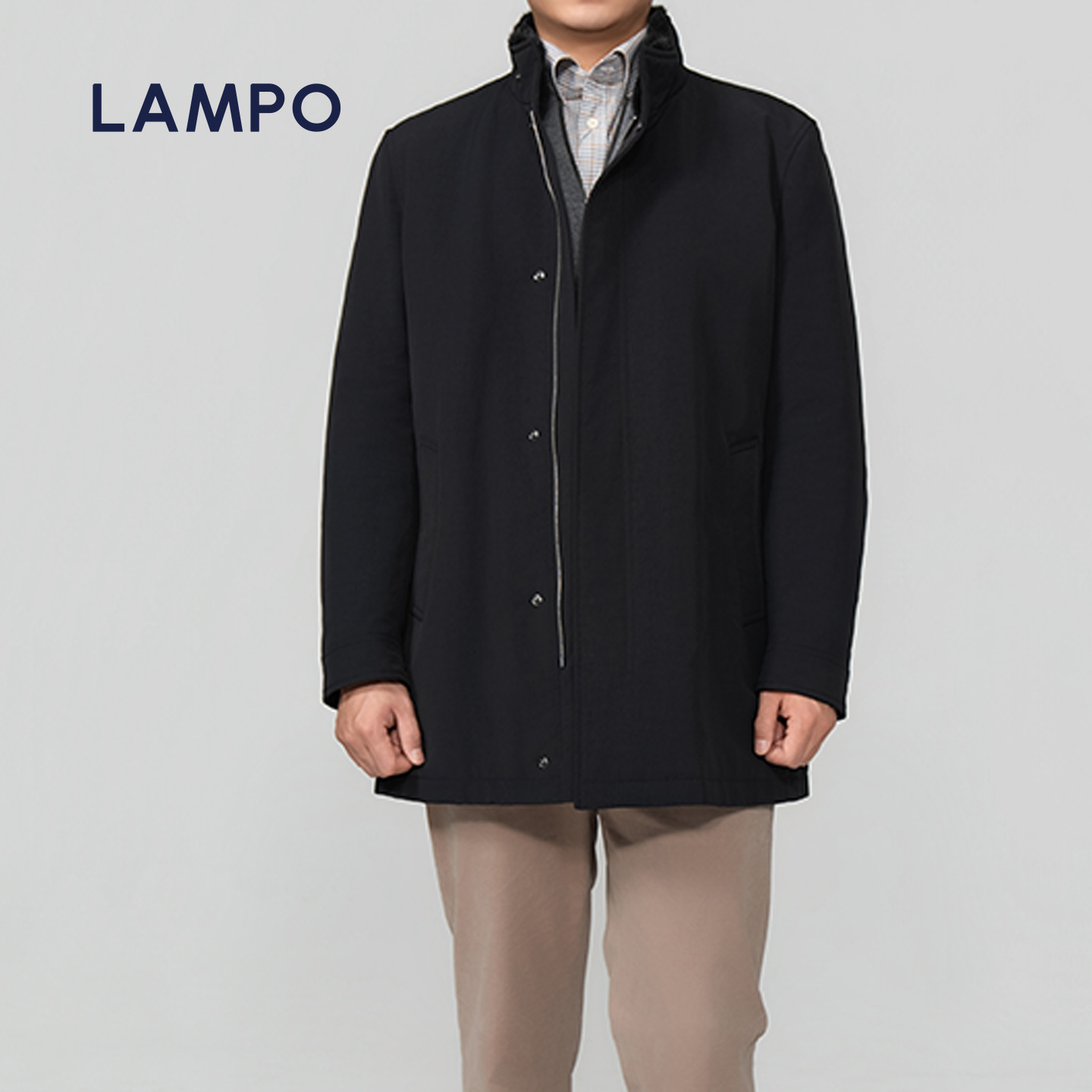 LAMPO/蓝豹秋冬黑色纯色商务休闲长款水貂毛尼克服男款中长款立领