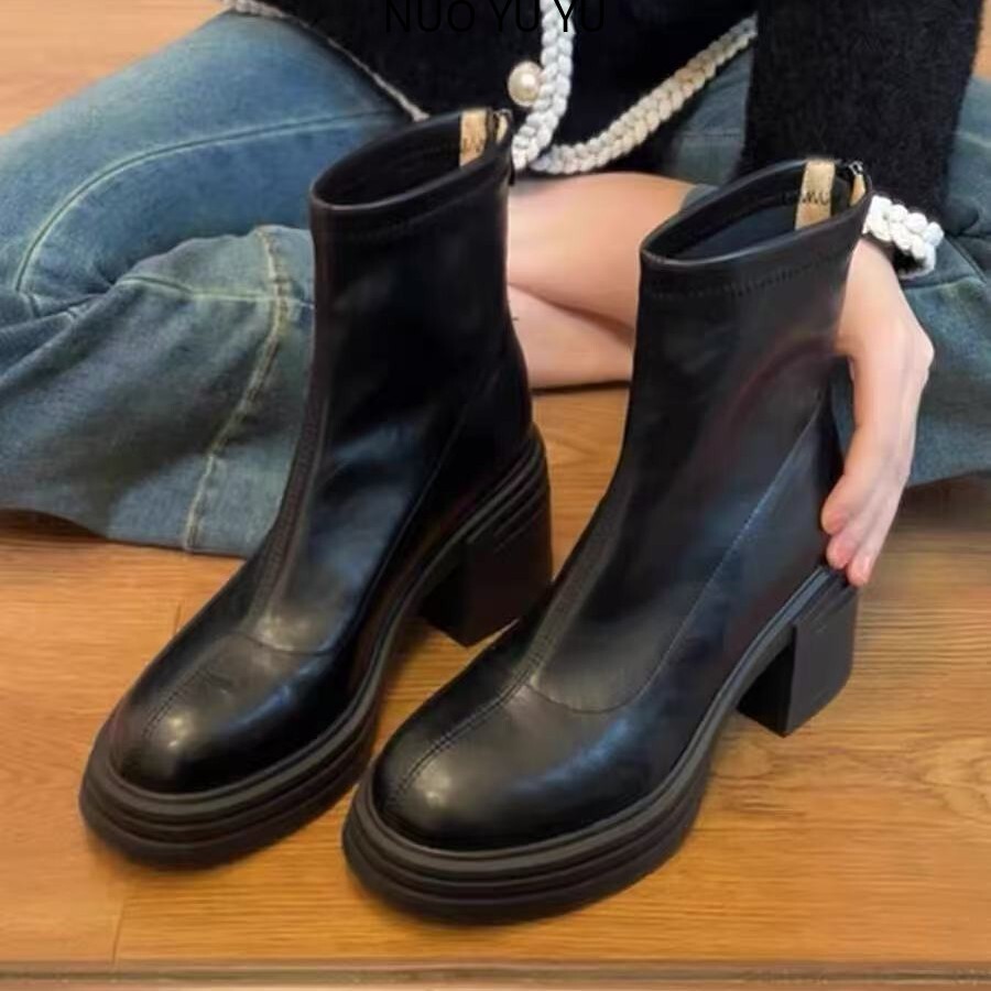 现货~厚底短靴女靴子2025黑色英伦圆粗高跟显瘦百搭时装靴女
