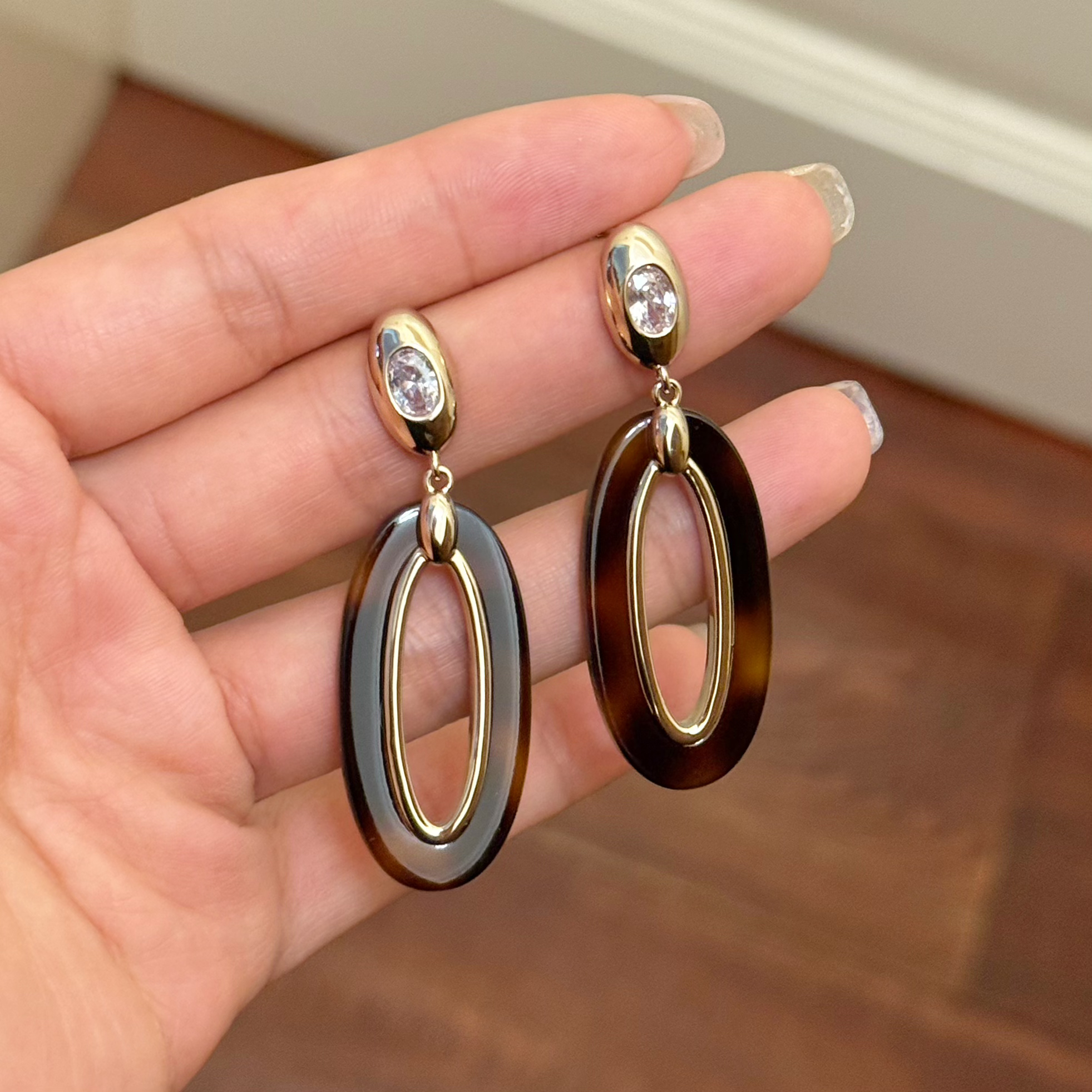 铜合金亚克力耳饰 E0234 东大门时尚秋冬ins美拉德咖啡色耳环