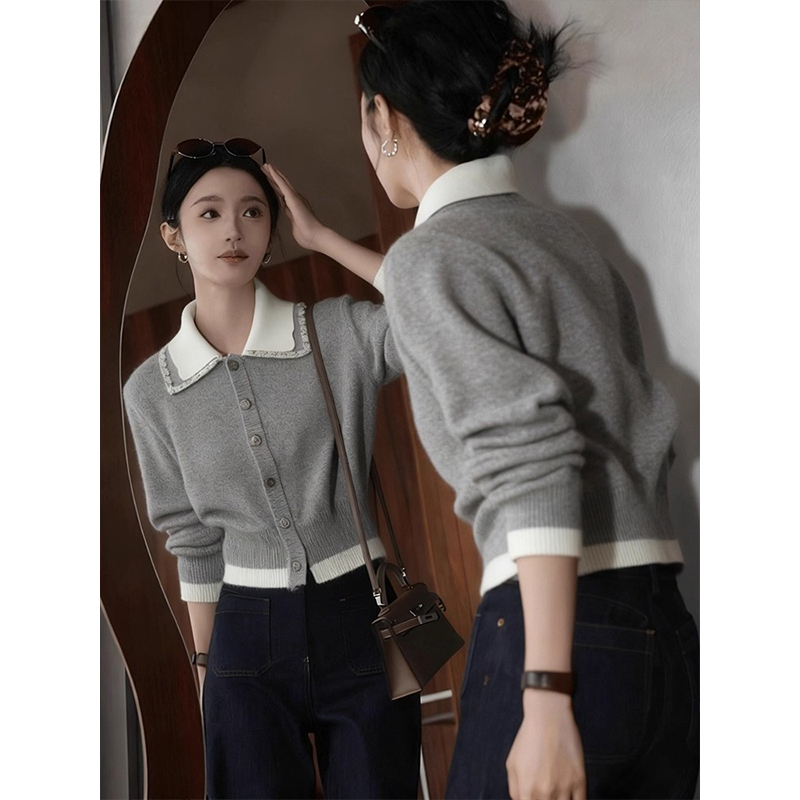 翻领假两件灰色针织毛衣开衫秋冬韩系女装短款独特漂亮小外套上衣
