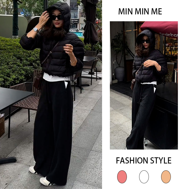2025秋冬季新款设计感立领时尚连帽棉服女搭配休闲阔腿裤两件套装