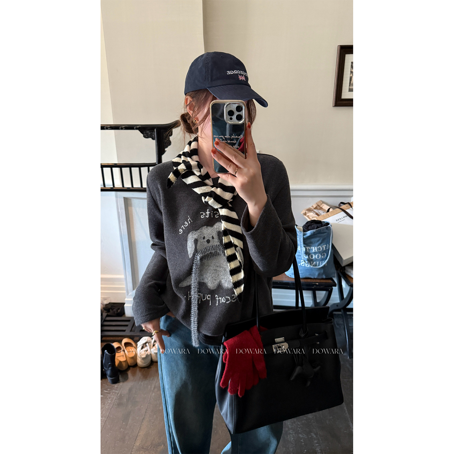 大婉酱微胖定制【围巾小狗】韩系复古ins宽松休闲百搭圆领上衣1384D