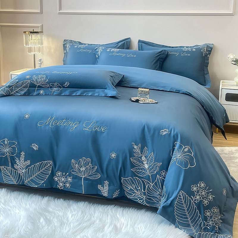 富安娜新款A类轻奢高端100棉全棉四件套全棉花卉刺绣被套床上用品